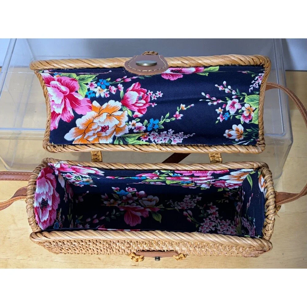 Handwoven Rattan Shoulder Leather Strap Floral Lined Bag